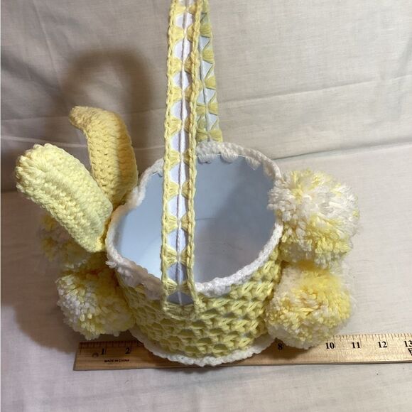 Bunny Easter Basket Handmade Yellow & White Yarn Crochet with Pom Poms - Picture 11 of 12